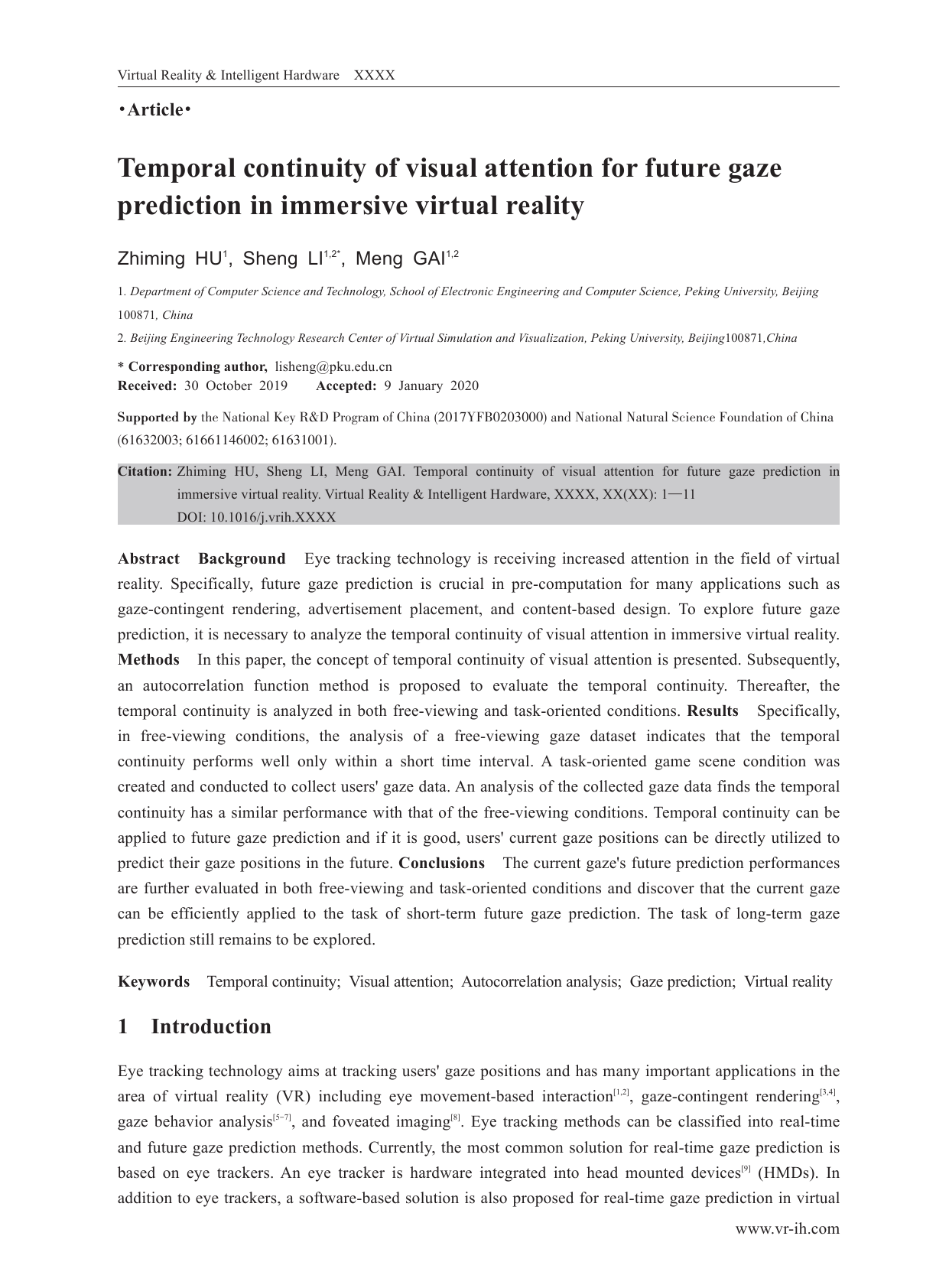 Temporal continuity of visual attention for future gaze prediction in immersive virtual reality