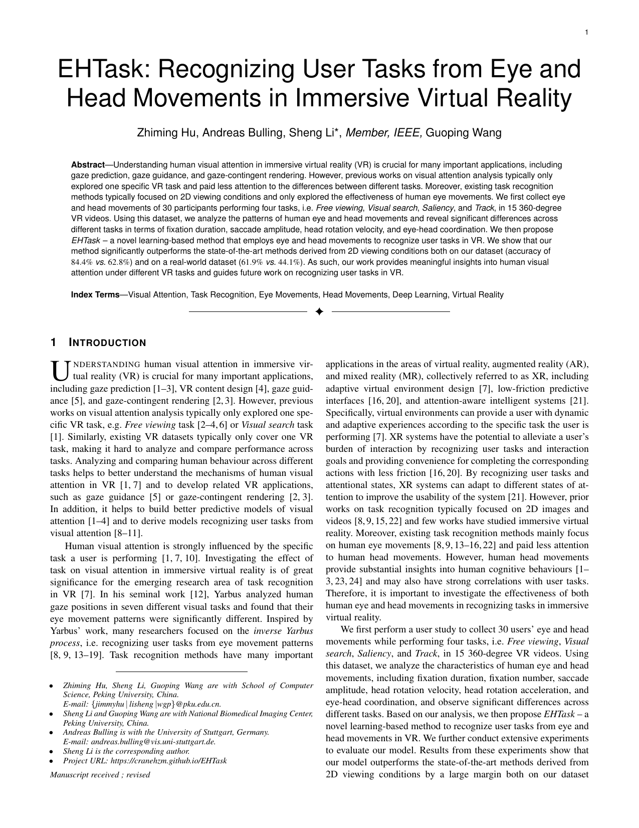 EHTask: Recognizing User Tasks from Eye and Head Movements in Immersive Virtual Reality