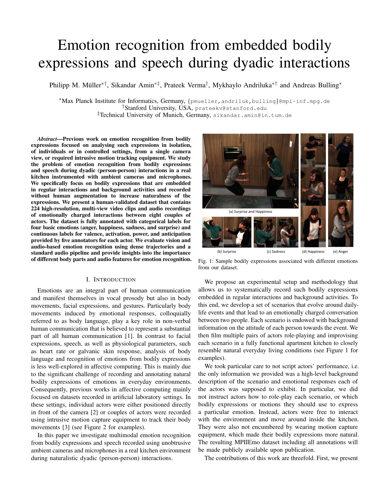 Emotion recognition from embedded bodily expressions and speech during dyadic interactions
