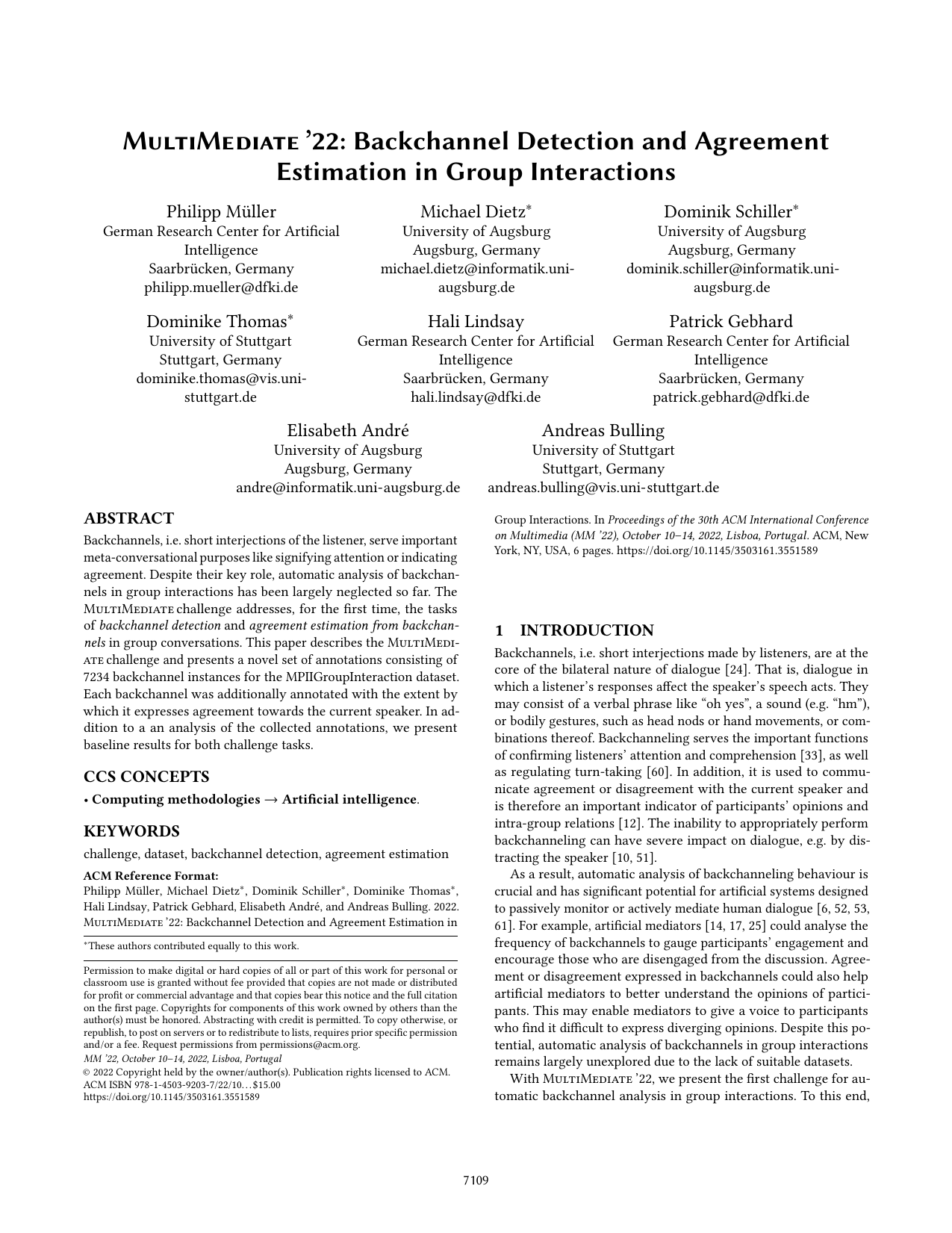 MultiMediate’22: Backchannel Detection and Agreement Estimation in Group Interactions