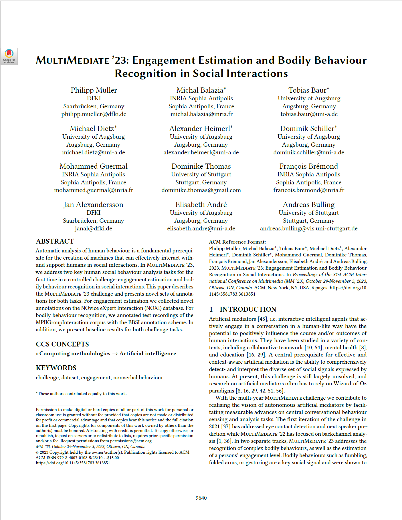 MultiMediate ’23: Engagement Estimation and Bodily Behaviour Recognition in Social Interactions