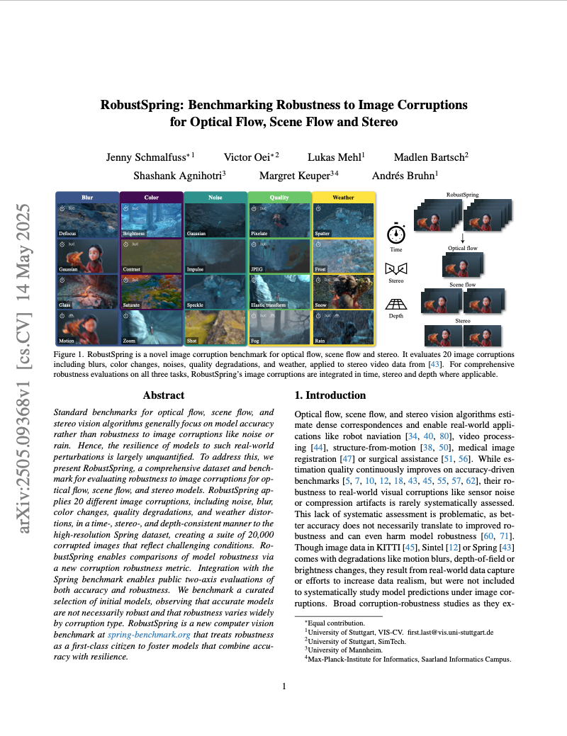 RobustSpring: Benchmarking Robustness to Image Corruptions for Optical Flow, Scene Flow and Stereo
