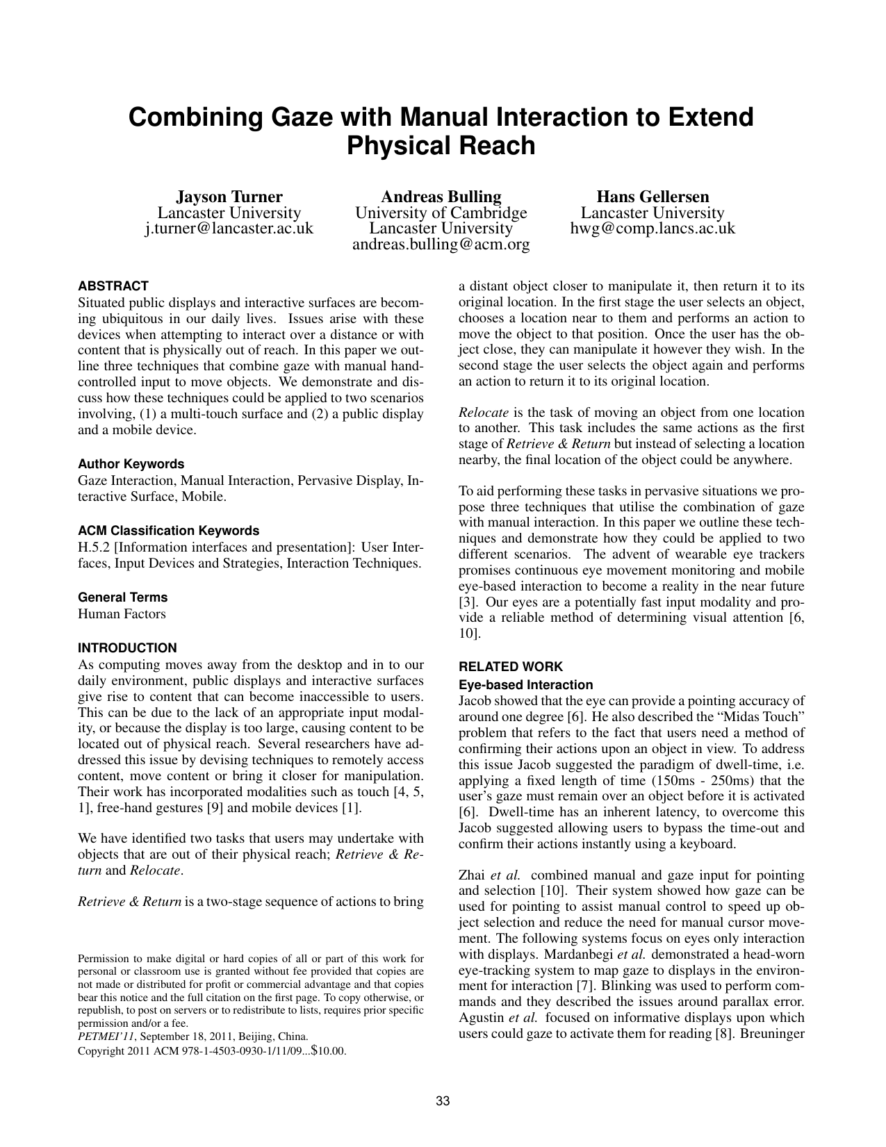 Combining Gaze with Manual Interaction to Extend Physical Reach