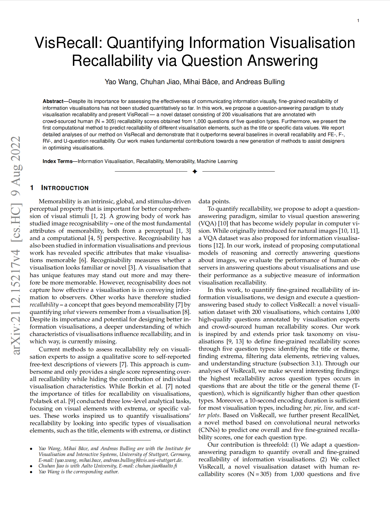 VisRecall: Quantifying Information Visualisation Recallability via Question Answering